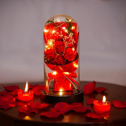 NYRWANA Valentine Gift for Girlfriend, Boyfriend, Husband & Wife | Rose Flower Gift, Light Up Forever Rose in Glass Dome with LED Lights | Eternal Artificial Rose for Home Décor & Couples 1