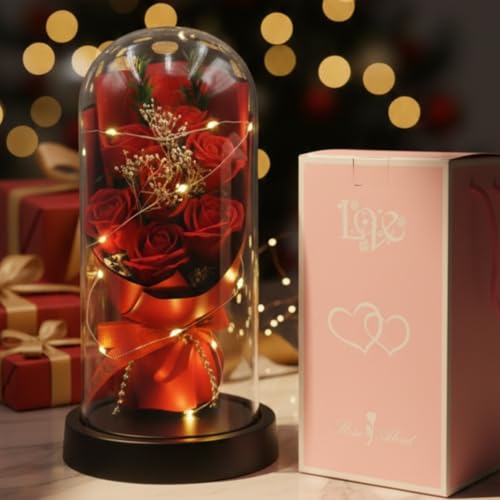 NYRWANA Valentine Gift for Girlfriend, Boyfriend, Husband & Wife | Rose Flower Gift, Light Up Forever Rose in Glass Dome with LED Lights | Eternal Artificial Rose for Home Décor & Couples 5