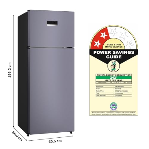 Bosch 243L, 2 Star, Frost Free Double Door Refrigerator | 6-in-1 Convertible Modes | 80min Convert | Touch Panel | Extend Cool up to 18 hrs | SuperFreeze (CTC27U12VI, Dark Lake, 2026) 2