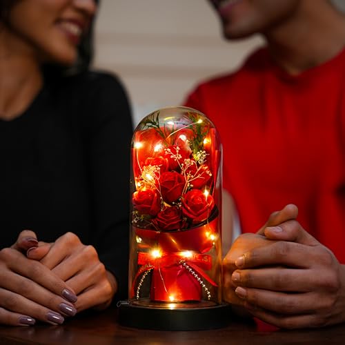 NYRWANA Valentine Gift for Girlfriend, Boyfriend, Husband & Wife | Rose Flower Gift, Light Up Forever Rose in Glass Dome with LED Lights | Eternal Artificial Rose for Home Décor & Couples 2
