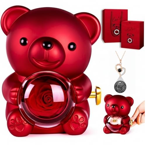 NYRWANA Valentine Gift for Girlfriend, Boyfriend, Husband & Wife, Romantic Teddy Bear with Rose & Necklace | Eternal Flower Gift Combo | Valentine’s Day Surprise for Girlfriend, Wife, & Couple - Red 1