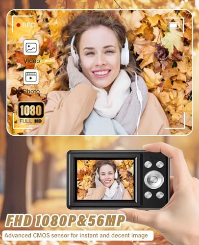 2025 New Digital Camera, 56MP FHD 1080P for Kids with 16x Digital Zoom Anti Shake, Face Detect, Smile Capture, 32GB TF Card, Battery, Lanyard, a Great Gift for Boys & Girls（Black） 3