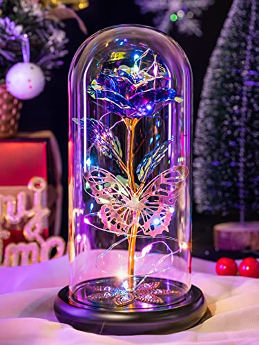 Gifts for Women, Galaxy Glass Rose Flowers Birthday Gifts Forever Eternal Crystal Light Up Rose in Glass Dome with Butterfly Presents for Her Mom Sister Wife Girlfriend Purple 1