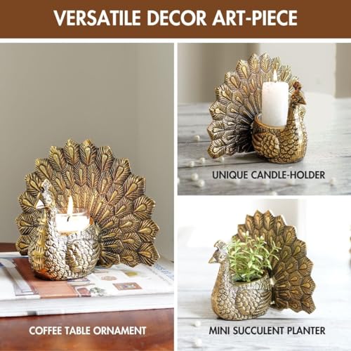 BEHOMA Metal Gold Dancing Peacock for Home Décor | Valentine’s Day, Birthday, Wedding Anniversary Romantic Gift for Women | Good Luck & Love Showpiece with Scented Glass Votive Candle (Golden,18.5cm) 6