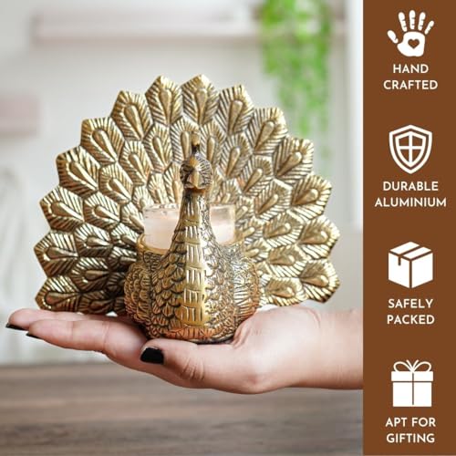BEHOMA Metal Gold Dancing Peacock for Home Décor | Valentine’s Day, Birthday, Wedding Anniversary Romantic Gift for Women | Good Luck & Love Showpiece with Scented Glass Votive Candle (Golden,18.5cm) 2