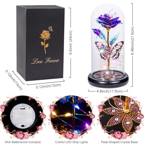 Gifts for Women, Galaxy Glass Rose Flowers Birthday Gifts Forever Eternal Crystal Light Up Rose in Glass Dome with Butterfly Presents for Her Mom Sister Wife Girlfriend Purple 3