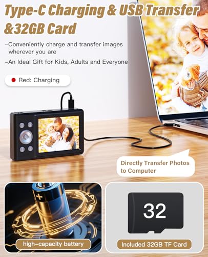 2025 New Digital Camera, 56MP FHD 1080P for Kids with 16x Digital Zoom Anti Shake, Face Detect, Smile Capture, 32GB TF Card, Battery, Lanyard, a Great Gift for Boys & Girls（Black） 5