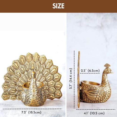 BEHOMA Metal Gold Dancing Peacock for Home Décor | Valentine’s Day, Birthday, Wedding Anniversary Romantic Gift for Women | Good Luck & Love Showpiece with Scented Glass Votive Candle (Golden,18.5cm) 3
