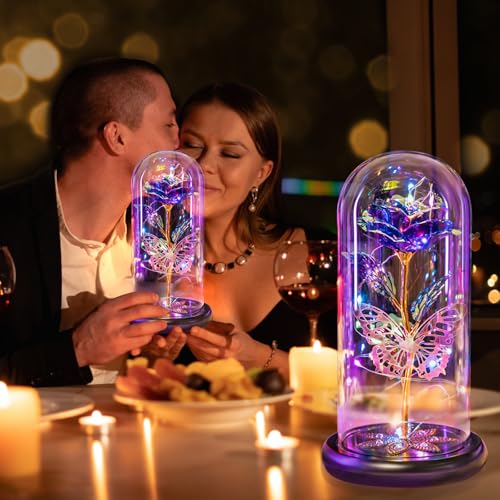 Gifts for Women, Galaxy Glass Rose Flowers Birthday Gifts Forever Eternal Crystal Light Up Rose in Glass Dome with Butterfly Presents for Her Mom Sister Wife Girlfriend Purple 5