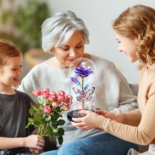 Gifts for Women, Galaxy Glass Rose Flowers Birthday Gifts Forever Eternal Crystal Light Up Rose in Glass Dome with Butterfly Presents for Her Mom Sister Wife Girlfriend Purple 6