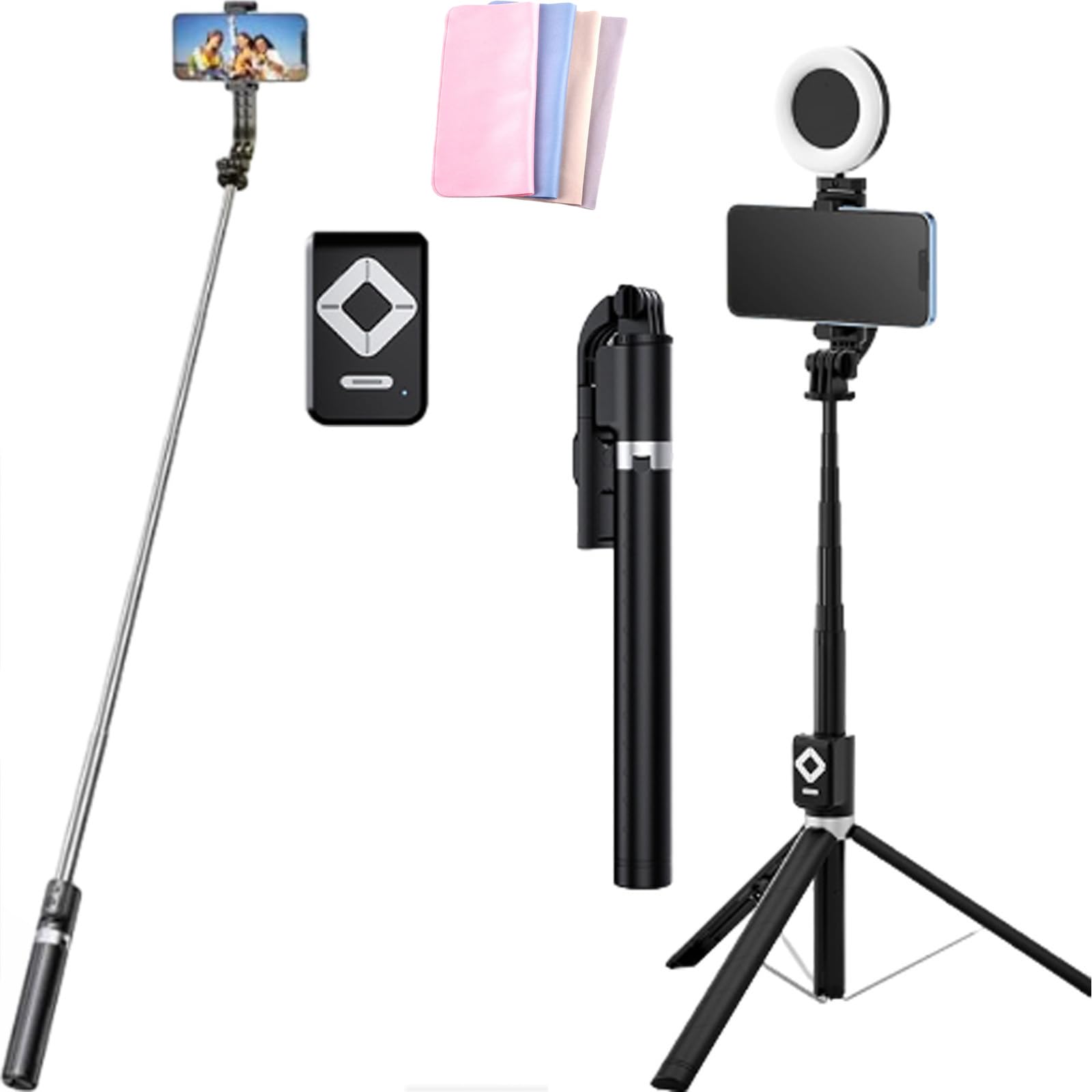 2024 Upgraded 67" Phone Extendable Tripod Wireless Bluetooth Selfie Stick, Phone Stand Selfie Stick Tripod Easy Stand and Go, Selfie Stick Tripod with Remote (Black, One Light) 1