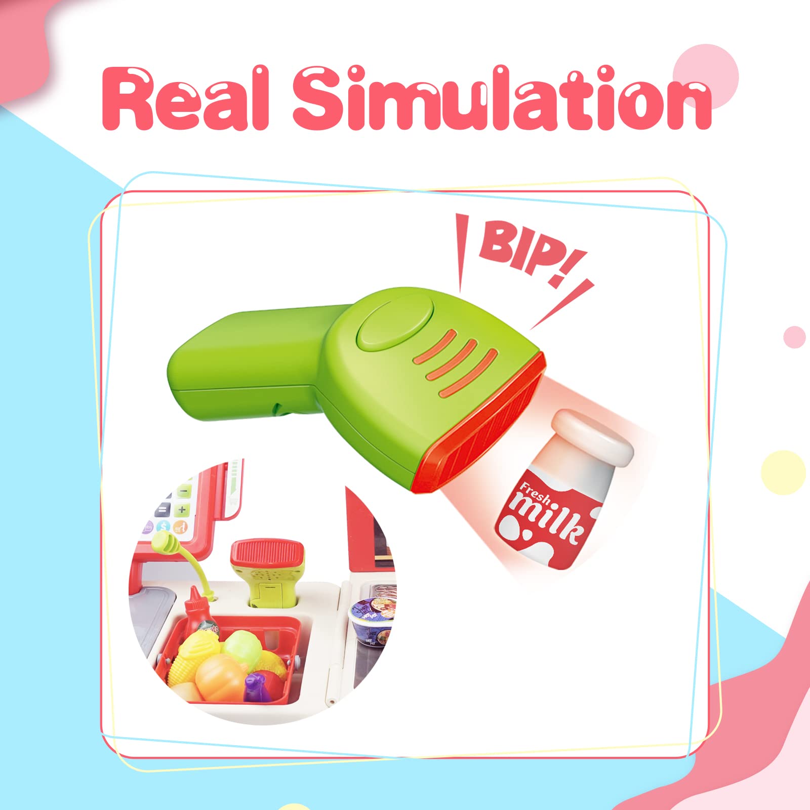RedCrab Cash Register Toy for Kids,Toddler Store Pretend Plays Supermarket Calculator Cash Register Gift with Scanner, Play Money, Play Food for Boys & Girls 4