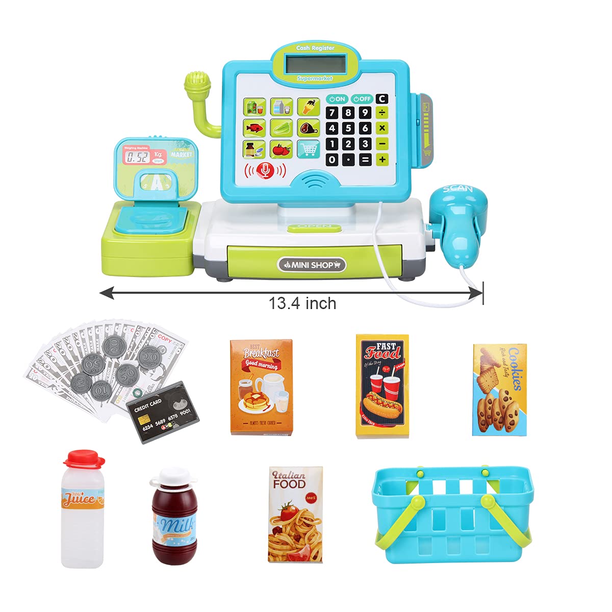 FS Pretend Play Calculator Cash Register Toy as Preschool Gift for Kids, Classic Count Toy with Sound, Microphone, Scanner, Pretend Credit Card, Play Food for Boys & Girls,45 Pieces, Ages 3 4 5 6 7 6
