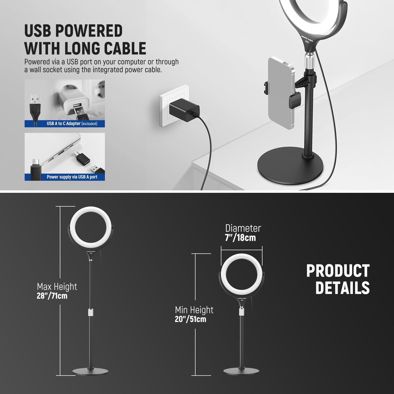 NEEWER Basics 7" Desk Ring Light with Stand/Phone Holder Compatible with iPhone, 10W CRI95+ Bi Color LED Selfie Light for TikTok Recording Laptop Webcam Zoom Video Conference Lighting Makeup, RL7B 5