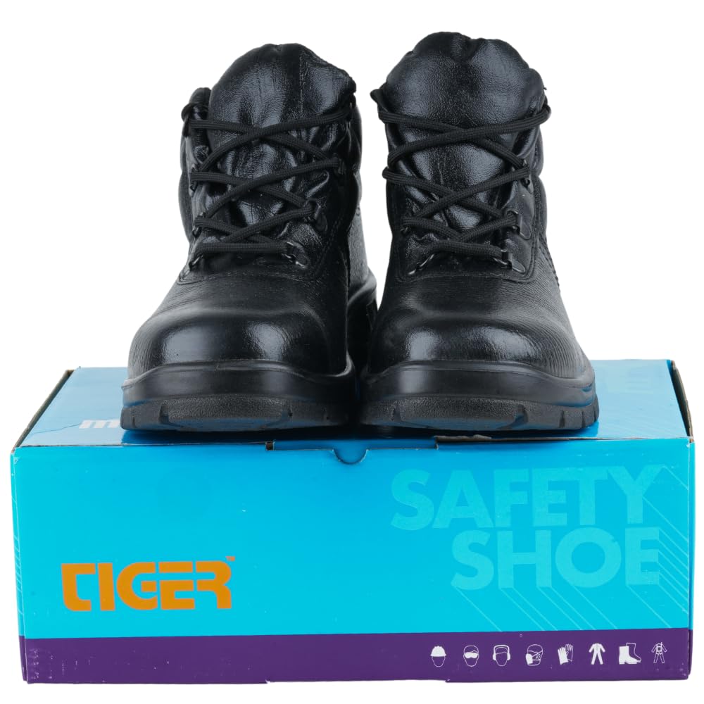 Tiger Leopard Black Leather Barton Print ISI Marked Safety Shoe for Men Industrial with Steel Toe Cap High Ankle Single Density Direct Injected PU Sole (Black, S1) (Numeric_5) 6