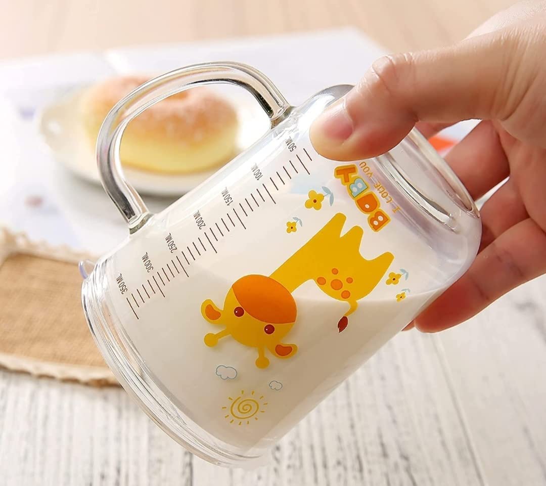 KiKiluxxa Random Design Cartoon Water Mug Drinking Milk Glass Cup For Kids Tumbler Sipper With Lid & Straw Pack Of 1, 350Ml Fruit Juice Milk Glass Sipper Tumbler Straw Lid, Multicolor 5