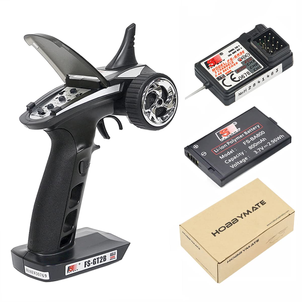 Flysky RC FS GT2B Radio Transmitter & FS-GR3E Receiver, 3 Channel 2.4Ghz Radio Controller with Internal Rechargeable Transmitter Battery - HOBBYMATE 1