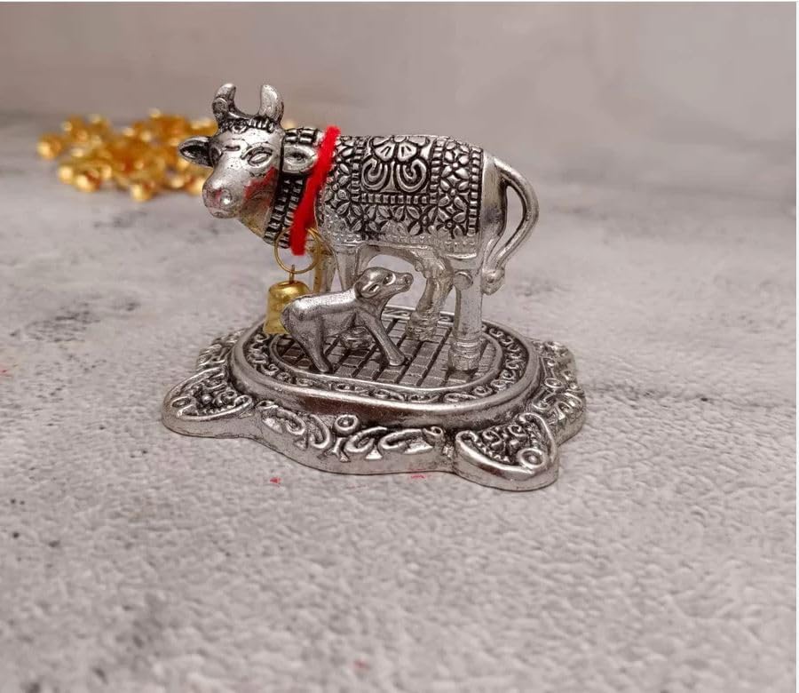 LABHCART Decorative Silver Metal Cow Statue with Bell, 7.6 x 6.4 cm, Traditional Design,Pack of 6 4
