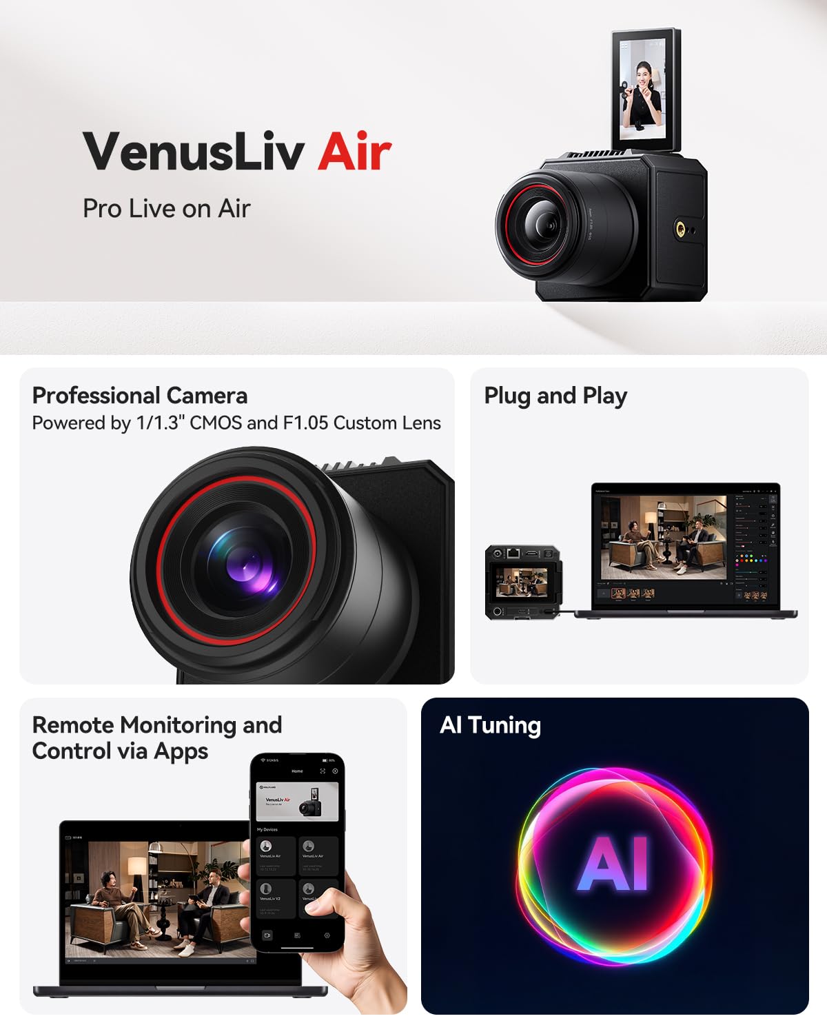 Hollyland VenusLiv Air Live Streaming Camera,1/1.3" CMOS/F1.05 Custom Lens,4K30p/UVC/HDMI Video Output,Built for 24/7 Streaming,AI Tuning/Green Screen/Image Overlay/Skin Beauty/Color Correction 3