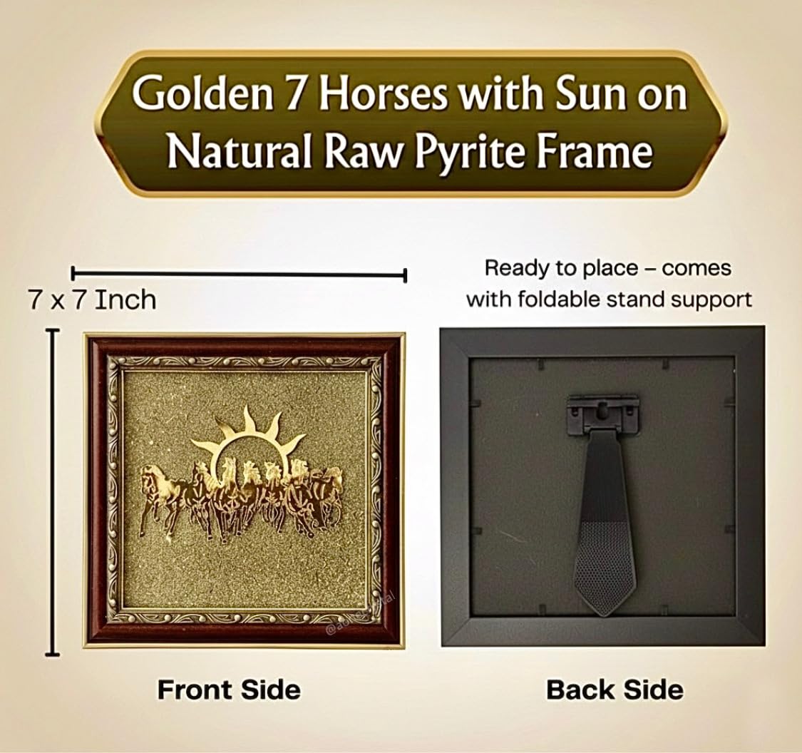 A-One Crystal 7 Horses on Raw Pyrite Frame with Sun | Seven Horses Wall Decor for Money, Success & Protection | Original Raw Pyrite Stone Vastu Wall Decor for Home & Office | Wealth Attraction Good Luck Gift | 19 x 19 cm 4