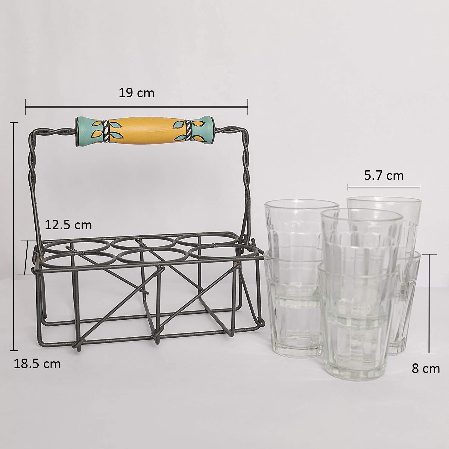 ARTYSTA BEAUTIFYING LIVES 'Leaflet Transparent' Cutting Chai Glasses With Stand | Tea Glass Set Of 6 With Stand | Dhaba Style Tea Glass Holder Carrier (Wrought Iron), 120 ML 5