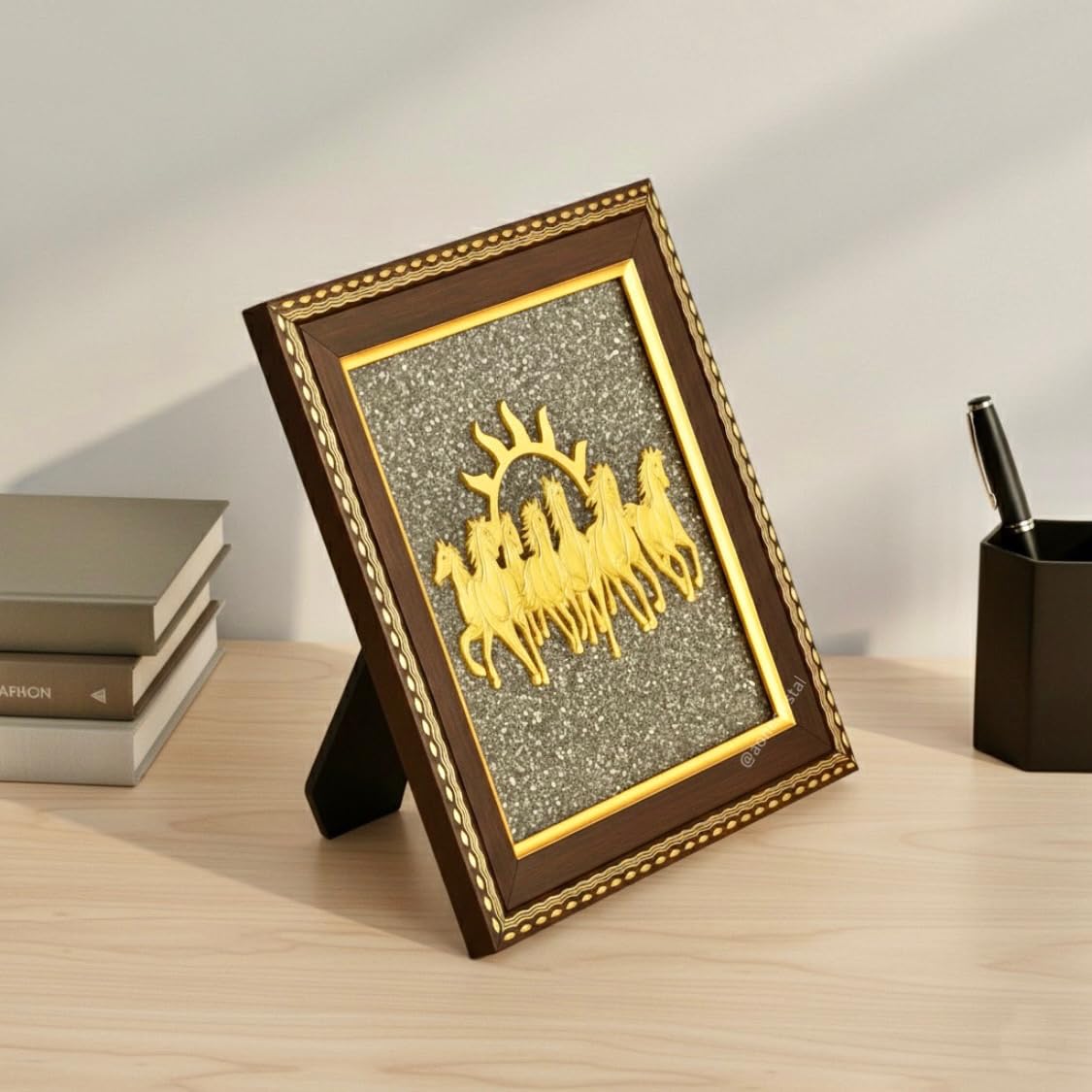 A-One Crystal 7 Horses on Raw Pyrite Frame with Sun | Seven Horses Wall Decor for Money, Success & Protection | Original Raw Pyrite Stone Vastu Wall Decor for Home & Office | Wealth Attraction Good Luck Gift | 19 x 19 cm 5