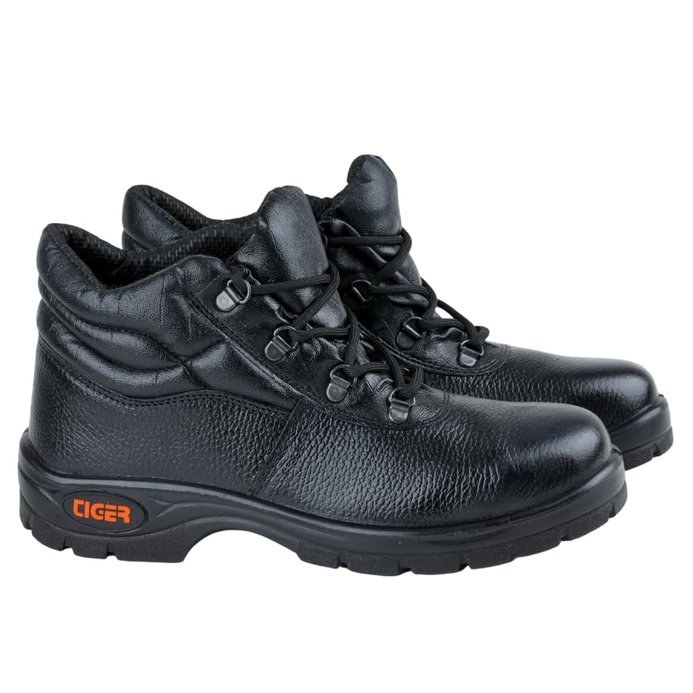 Tiger Leopard Black Leather Barton Print ISI Marked Safety Shoe for Men Industrial with Steel Toe Cap High Ankle Single Density Direct Injected PU Sole (Black, S1) (Numeric_5) 5