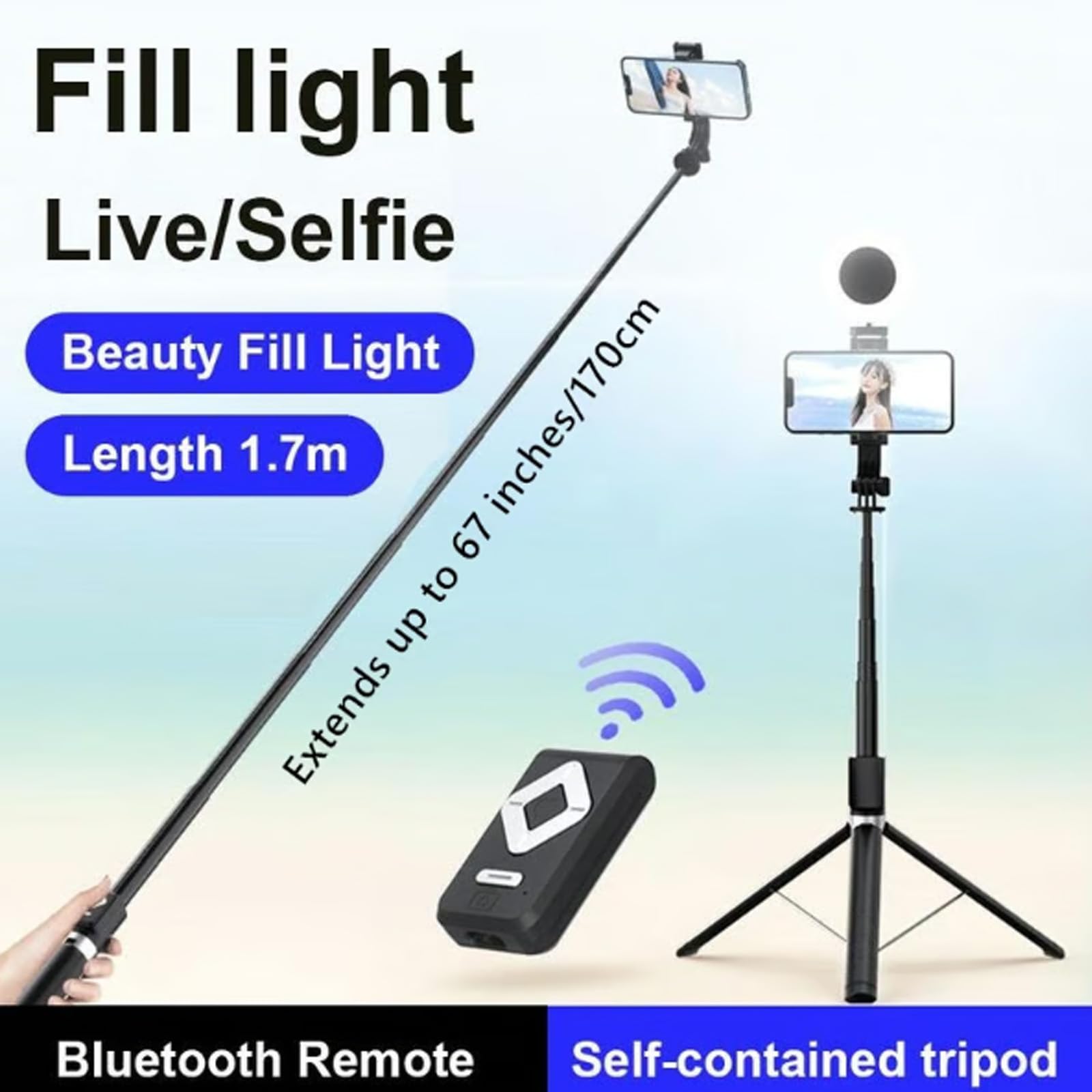 2024 Upgraded 67" Phone Extendable Tripod Wireless Bluetooth Selfie Stick, Phone Stand Selfie Stick Tripod Easy Stand and Go, Selfie Stick Tripod with Remote (Black, One Light) 3