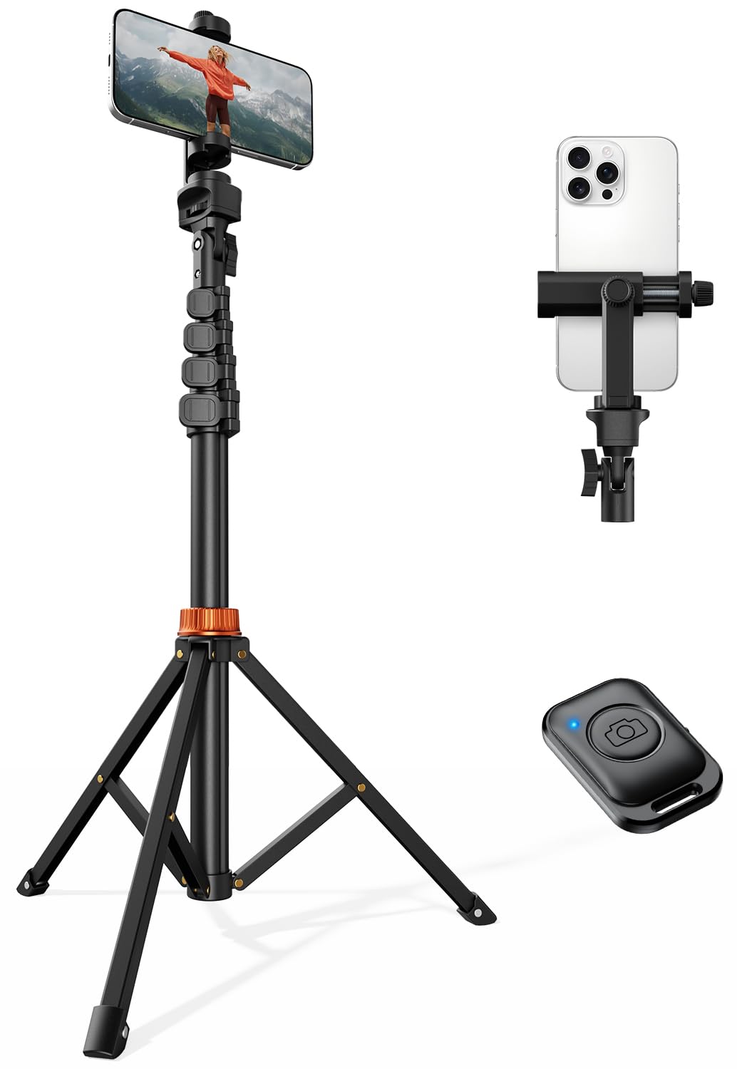 VIMOSE 66" Phone Tripod, Tripod for iPhone with Remote & Phone Stand, Extendable Cell Phone Tripod for Video Recording, Ultimate Tripod & Monopod Accessories for iPhone/Android, Clamp Mount 1