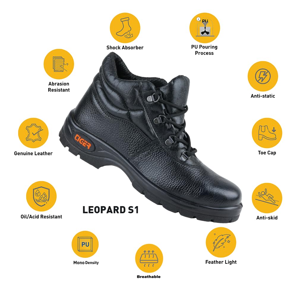 Tiger Leopard Black Leather Barton Print ISI Marked Safety Shoe for Men Industrial with Steel Toe Cap High Ankle Single Density Direct Injected PU Sole (Black, S1) (Numeric_5) 3