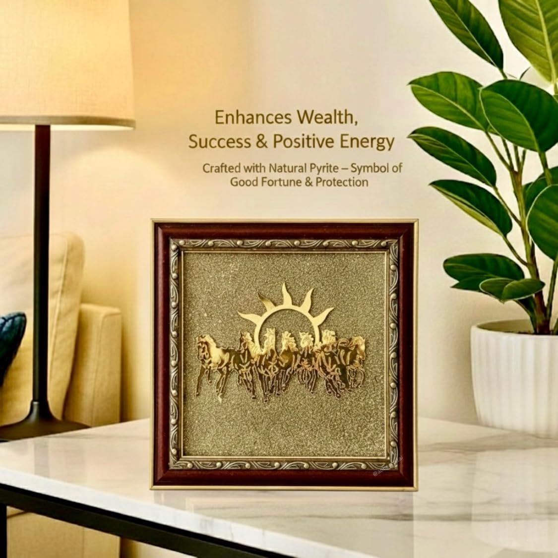A-One Crystal 7 Horses on Raw Pyrite Frame with Sun | Seven Horses Wall Decor for Money, Success & Protection | Original Raw Pyrite Stone Vastu Wall Decor for Home & Office | Wealth Attraction Good Luck Gift | 19 x 19 cm 3
