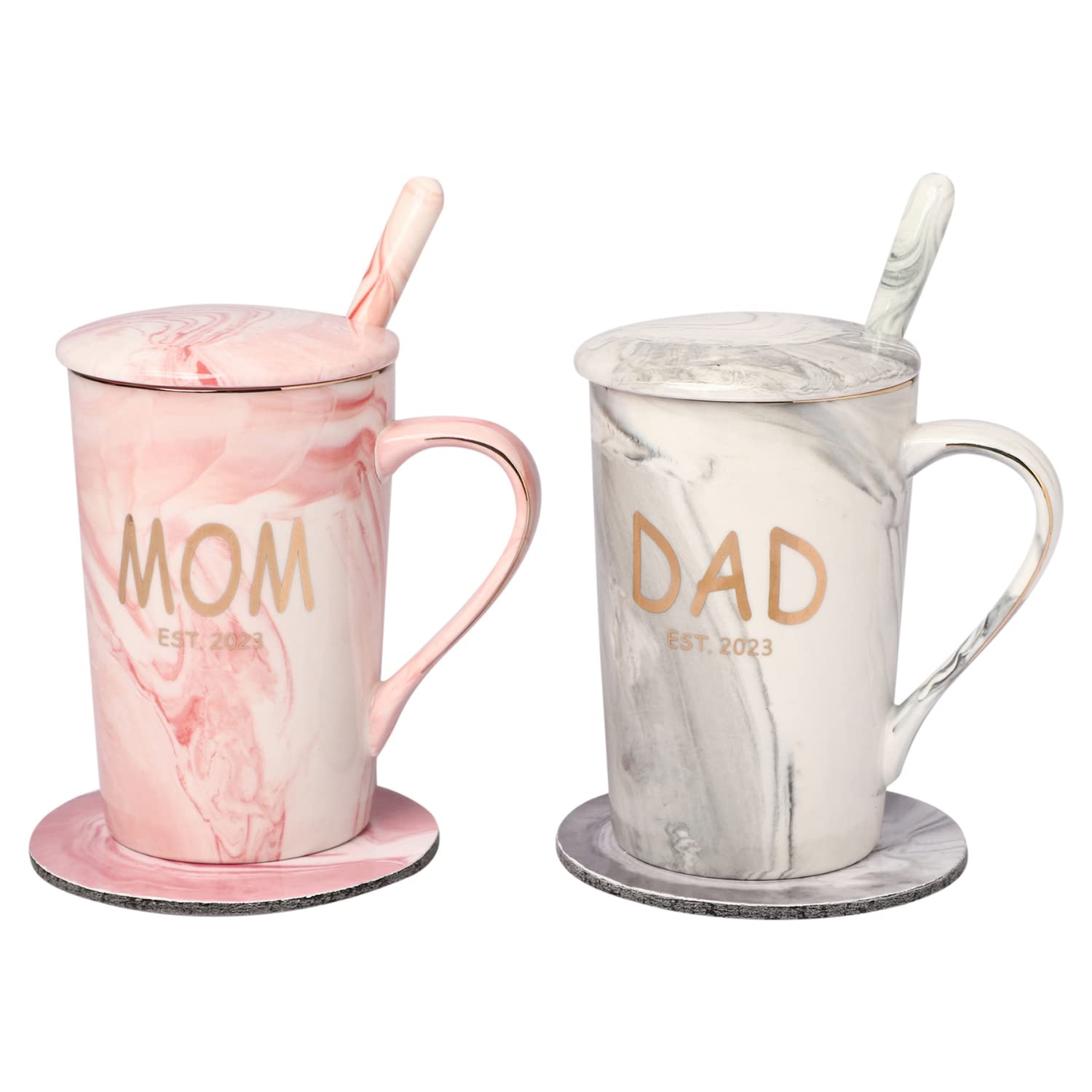 NYRWANA DELIVERING SMILES IN INIDA Dad & Mom Est 2023 Ceramic Mug Gift For Mom Dad, Gift For Couple Baby Shower Occasion, Couples Mugs Set With Gift Box & Free Coasters (Grey, Pink), 400 milliliter 5