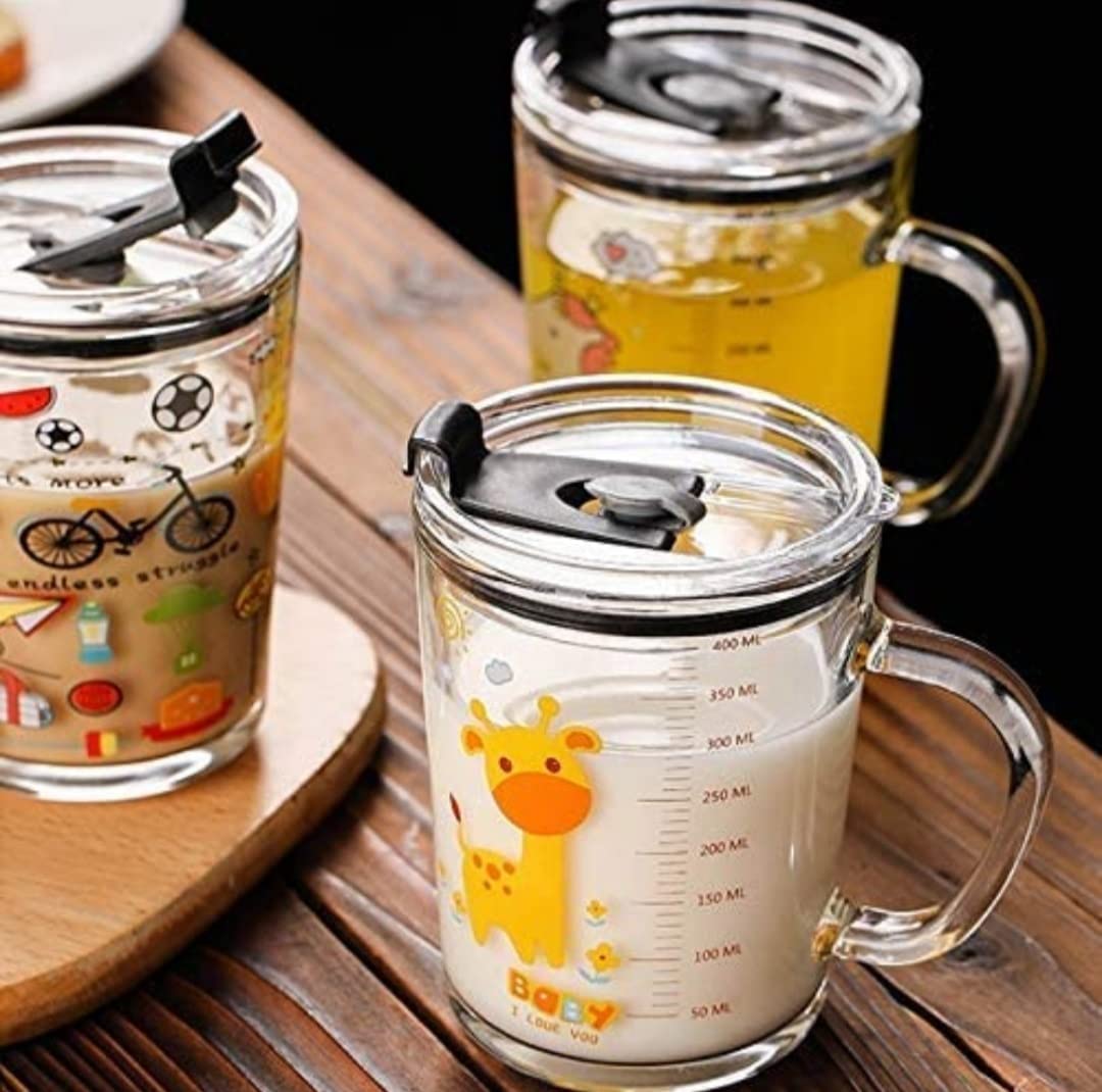 KiKiluxxa Random Design Cartoon Water Mug Drinking Milk Glass Cup For Kids Tumbler Sipper With Lid & Straw Pack Of 1, 350Ml Fruit Juice Milk Glass Sipper Tumbler Straw Lid, Multicolor 3