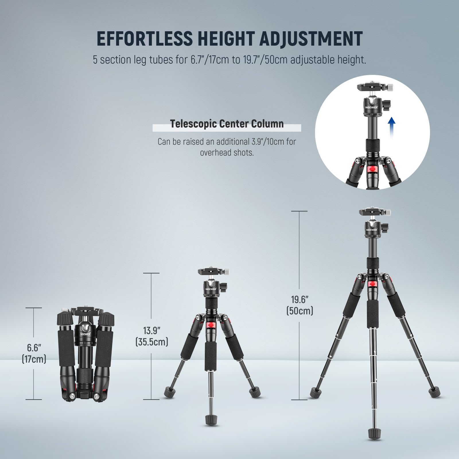 NEEWER Mini Desk Camera Tripod with Cell Phone Holder Compatible with iPhone for Video Recording Filming, 20"/50cm Small Portable DSLR Camcorder Webcam Stand, 360° Ball Head 1/4" QR Plate, TP-AAM521 4