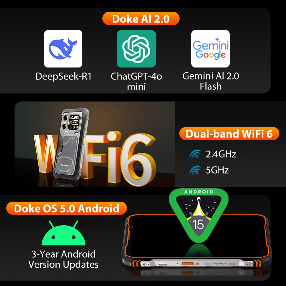 Blackview XPLORE X1 5G Rugged Phone,6.78''FHD+ 2.4K + 2,01" Rear Screen,108MP+50MP Camera Android 15 AI Mobile Phones, 36GB+256GB/2TB,10000mAh/55W IP69K Waterproof Dual SIM NFC/OTG/WiFi 3