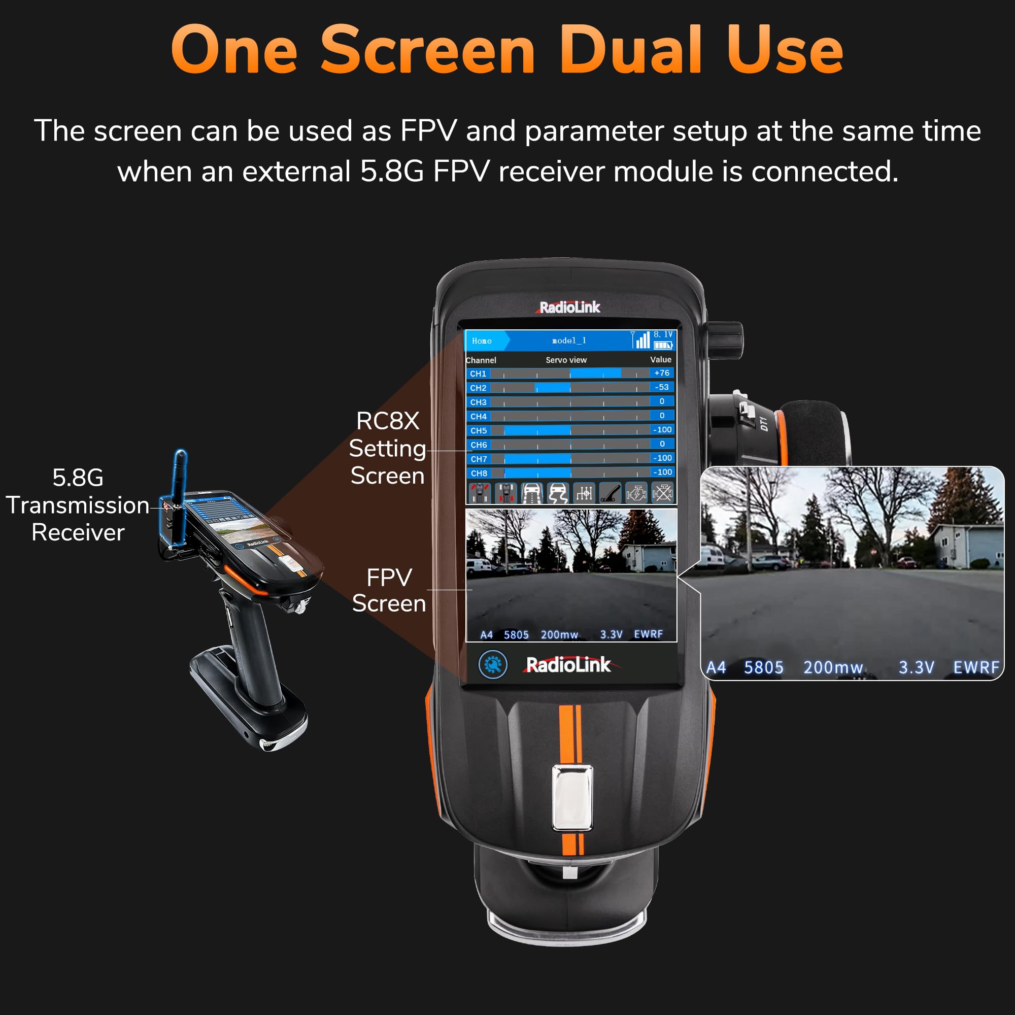 ATA HOBBY Radiolink RC8X 8CH RC Transmitter and Newest v2.1 R8FG&2pcs R4FGM v2.1Gyro Receivers, 4.3" Full Color IPS Touch Screen, 600m Long Range, 200 Models for RC Crawler Drifting Cars Boats 4