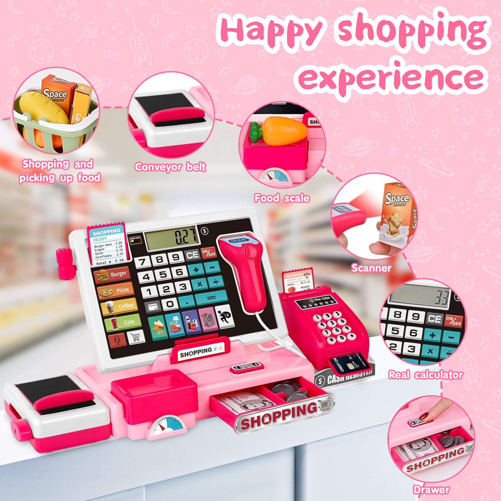 VOPOGLNE Cash Register Playset Toy for Kids, Real Calculator Register, Pretend Play Store with Music, Scanner, Play Money, Food, Microphone, Preschool Learning Toy Playset Gift for Toddler Boy Girl 4
