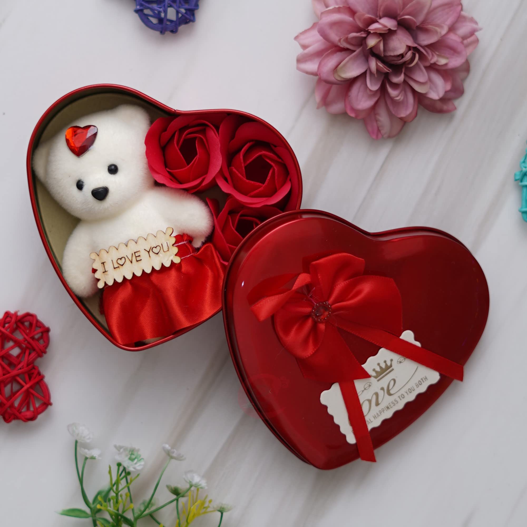 eCraftIndia Heart Shaped Valentine's Day Gift Box with I Love You Message, White Teddy Bear, and 3 Red Roses- Gift for Husband, Wife, Girlfriend, Boyfriend - Suitable for Teddy Day, Anniversary 1
