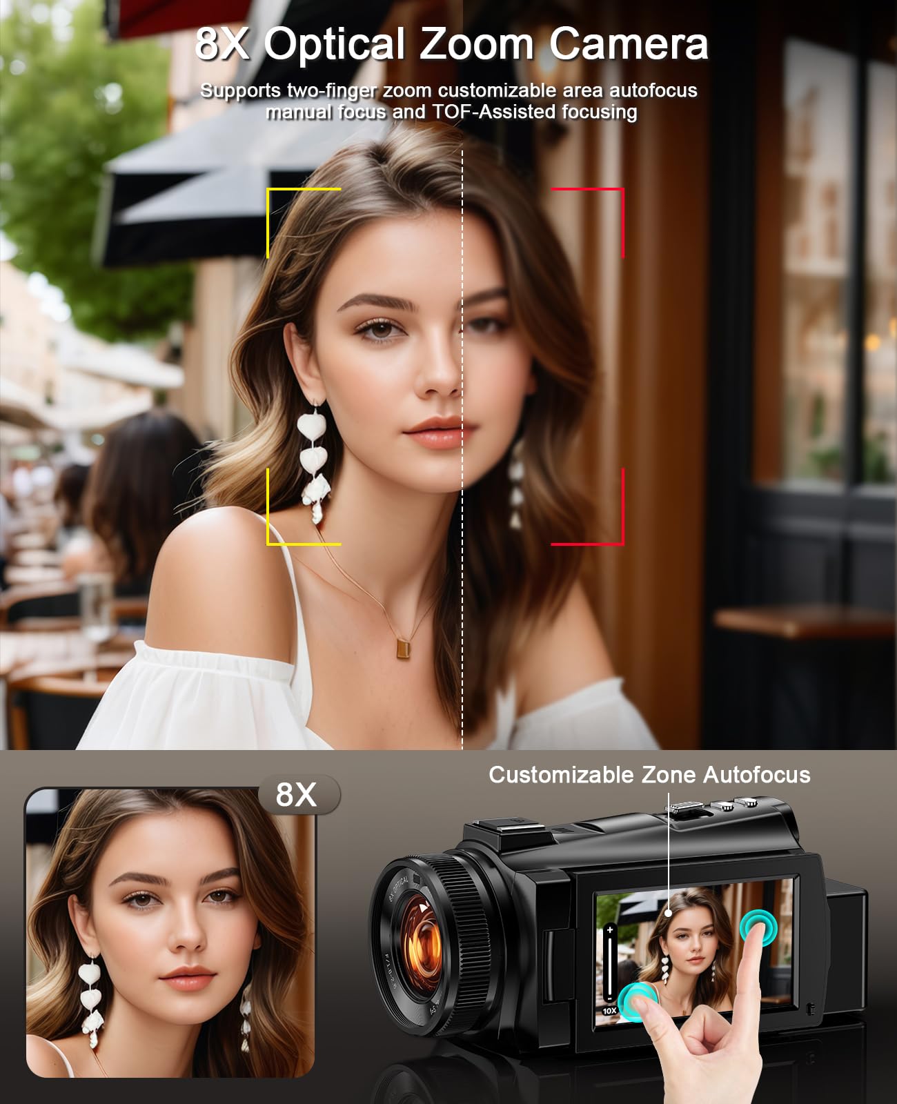 5K Video Camera Camcorder 8X Opitical Zoom Live Streaming Cameras 64MP WiFi Autofocus Vlogging Camera for Youtube with Full-color Night Vision, 3.6'' 270° IPS Touchscreen 32GB Card Video Recorder 5