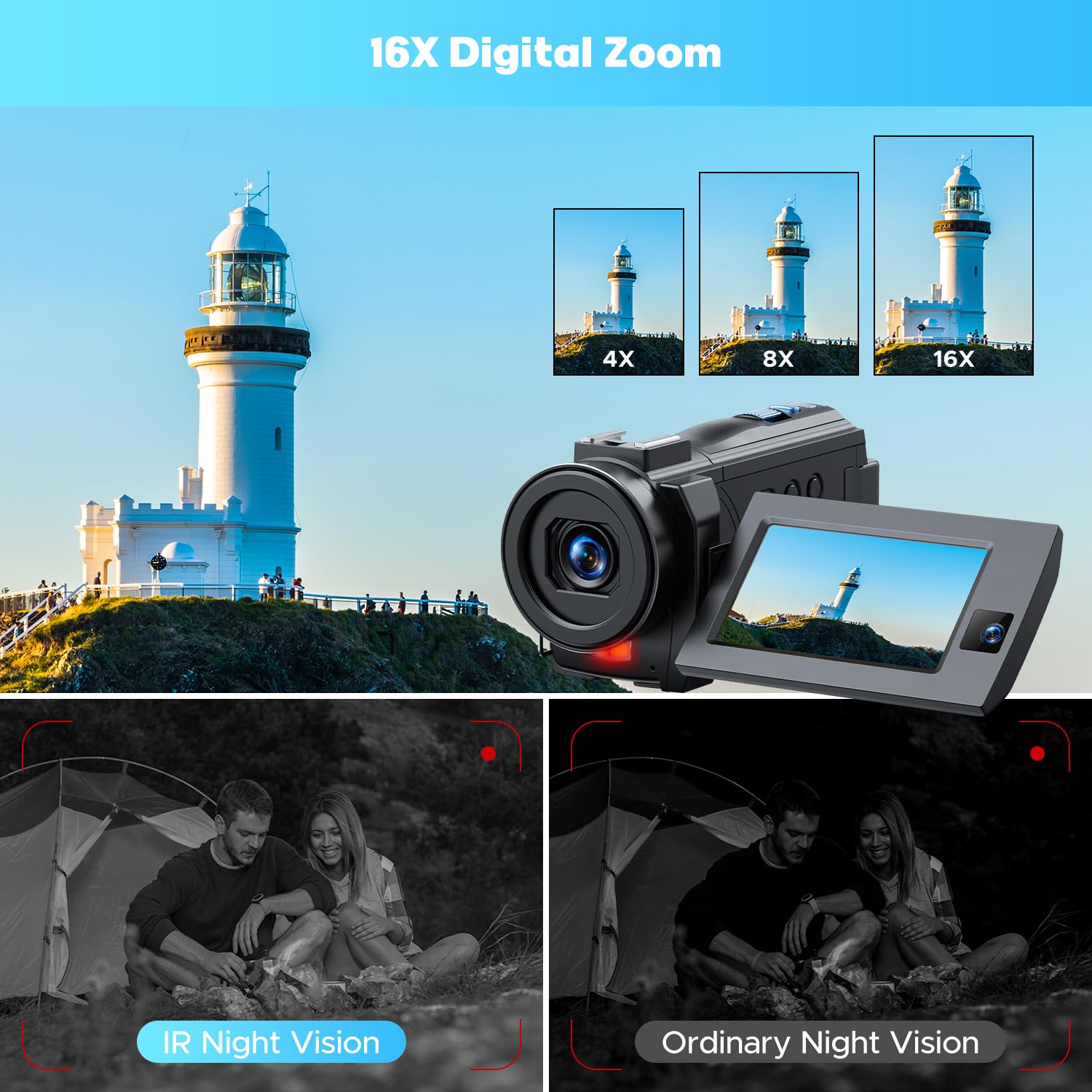 5K Video Camera Camcorder, 56MP Dual Lens Vlogging Camera for YouTube, Cam Corder with 3" 270° Flip Touch Screen,16X Zoom, Night Vision, WiFi, Remote, 64GB SD Card, 2 Batteries, Tripod, Webcam 4