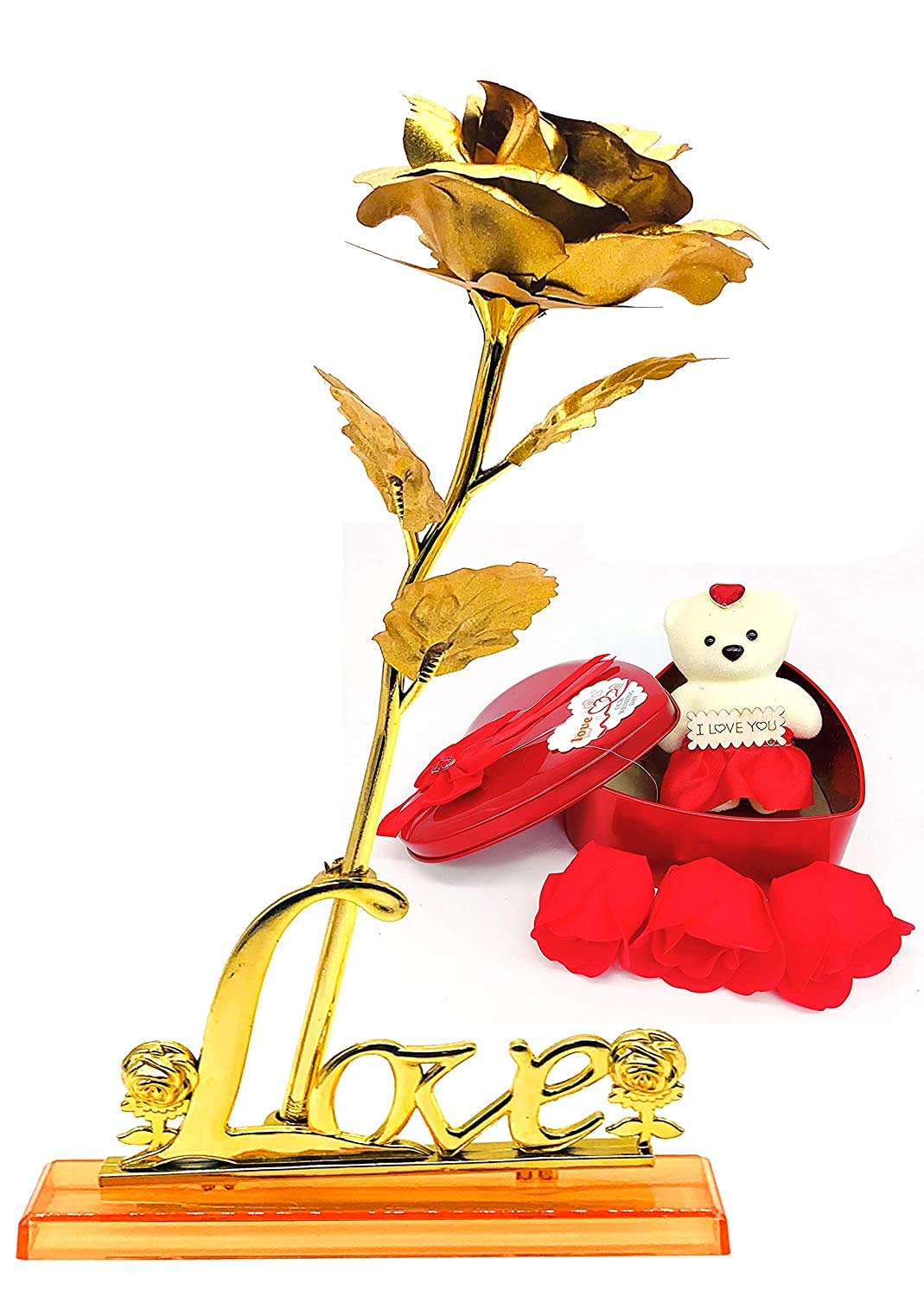 Artificial Rose for Rose Day Valentine's Day Golden Rose with Love Stand and Heart Box 1