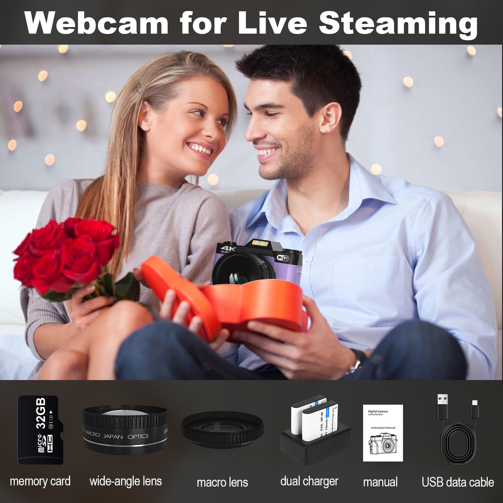 Vlogging Camera for YouTube Digital Camera for Photography 4K 48MP 16X Digital Zoom 3 inch 180° Flip Screen 52mm Wide-Angle Lens & Macro Lens, 32G Micro Card and 2 Batteries 5