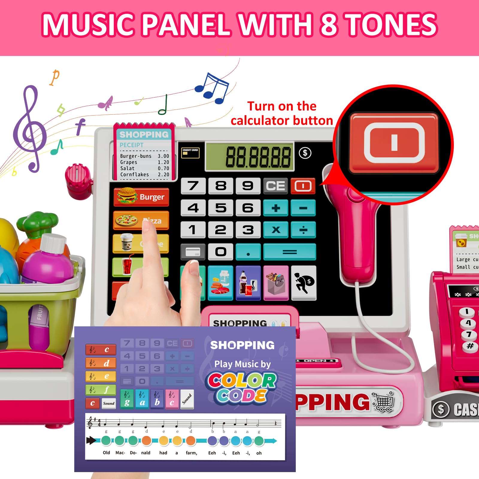 HYES Kids Cash Register Toy Playset with Real Calculator, Toddler Pretend Play Store incl Scanner/Credit Card/Play Money/Conveyor/Food Toys, Learning Toys Gifts for Girls Ages 4-8 8-12, Pink 3