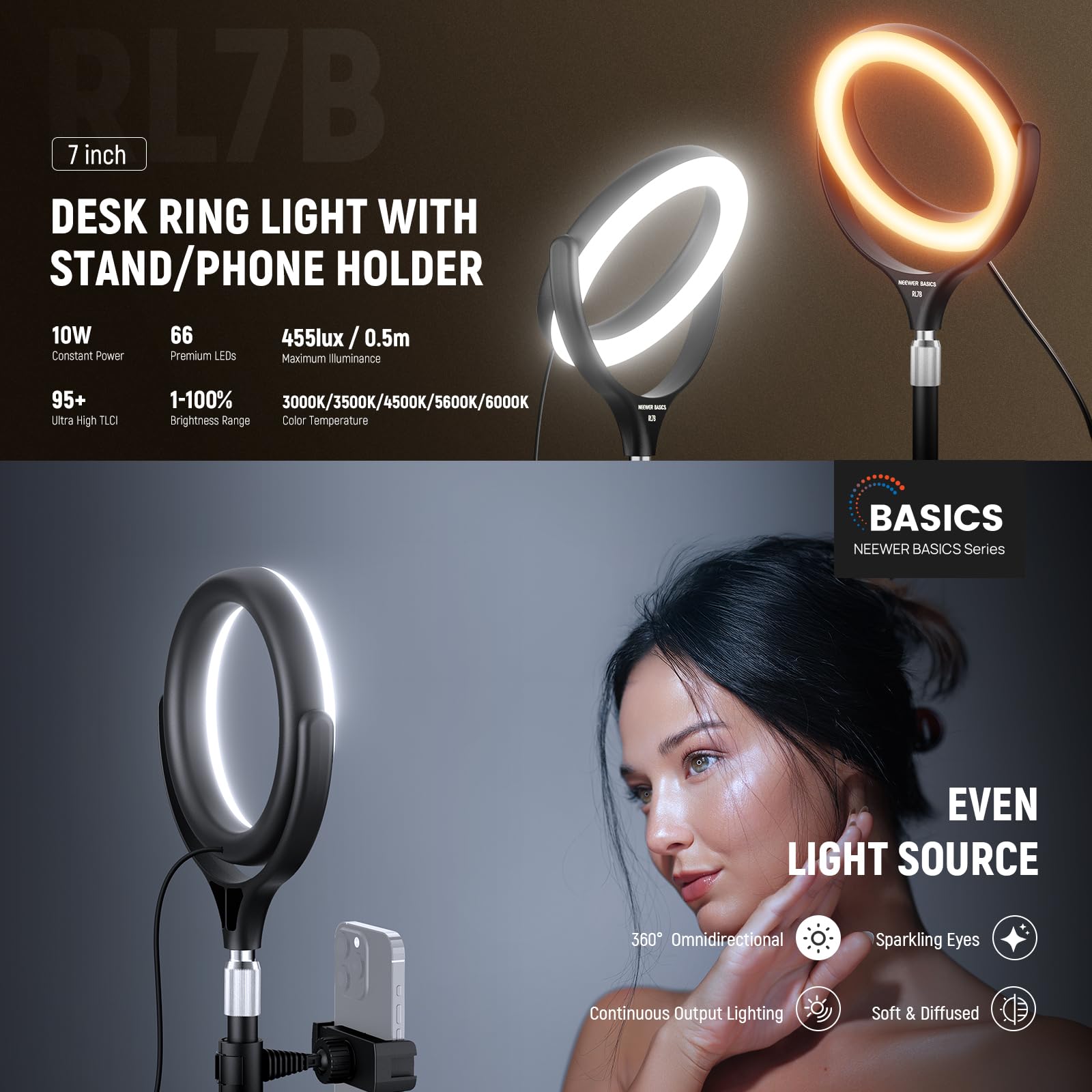 NEEWER Basics 7" Desk Ring Light with Stand/Phone Holder Compatible with iPhone, 10W CRI95+ Bi Color LED Selfie Light for TikTok Recording Laptop Webcam Zoom Video Conference Lighting Makeup, RL7B 3