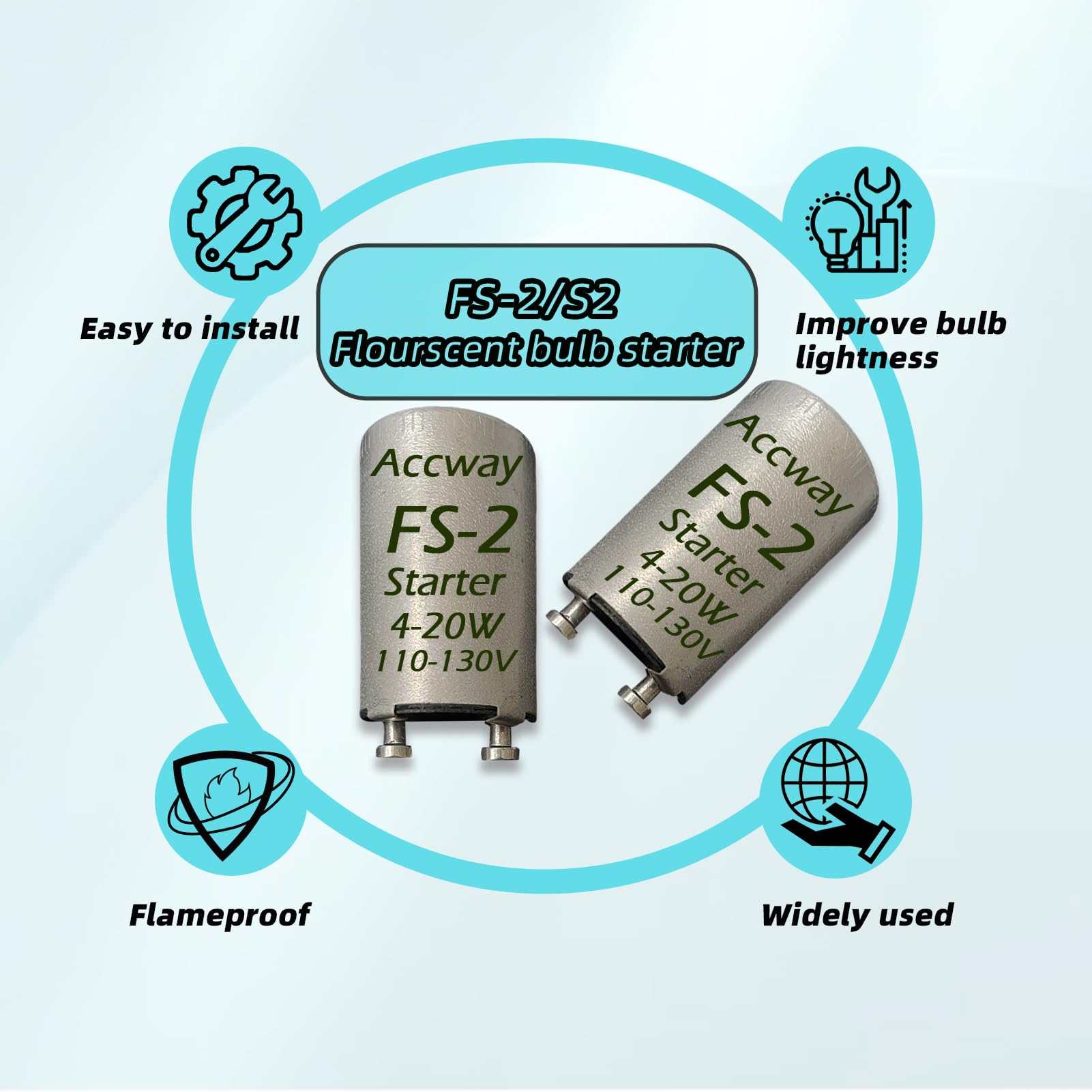 Accway 4pack Aluminum Housing FS-2 Fluorescent Starter for 4-20 watts, FS-2/S2 Preheat Fluorescent Light Bulbs Starter with Condenser 5
