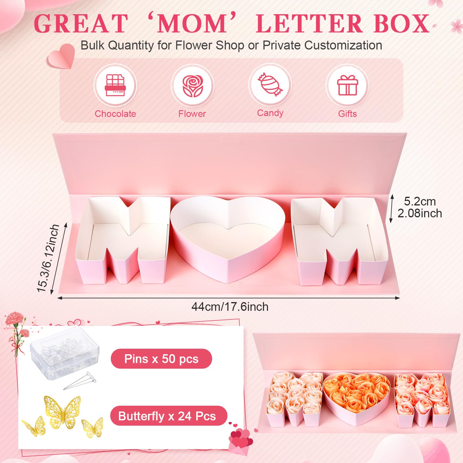 Cholemy Mother's Day MOM Empty Flower Gift Box Letter Shaped Fillable MOM Gift Box with Plastic Liners 24 Gold Butterfly Decor 50 Bouquet Flower Pins DIY Craft Gift Set for Valentine Birthday (Pink) 3