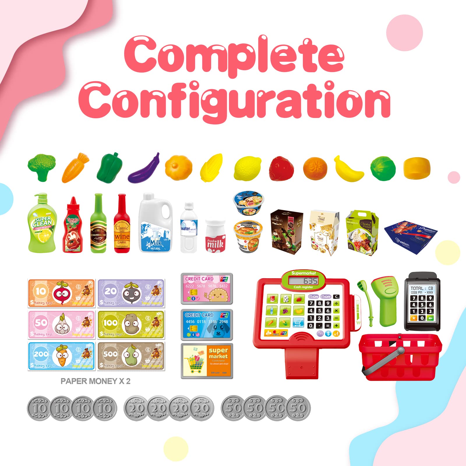 RedCrab Cash Register Toy for Kids,Toddler Store Pretend Plays Supermarket Calculator Cash Register Gift with Scanner, Play Money, Play Food for Boys & Girls 5