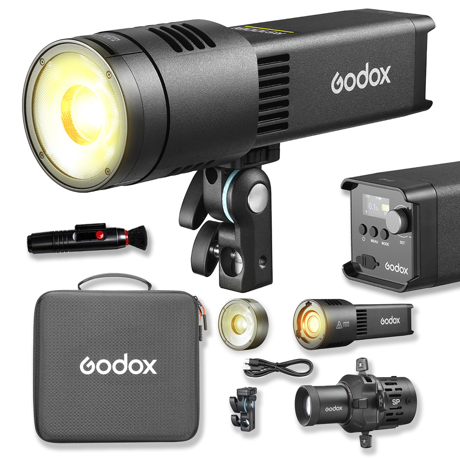 Godox RS100Bi Kit1 100W Bi-Color LED Video Light Kit with Projection SP36K, Lens Reflector, Holder AD-E2, USB-C Cable & Storage Bag, 2800K-6500K, CRI/TLCI 98, APP/DMX/NFC Control 1