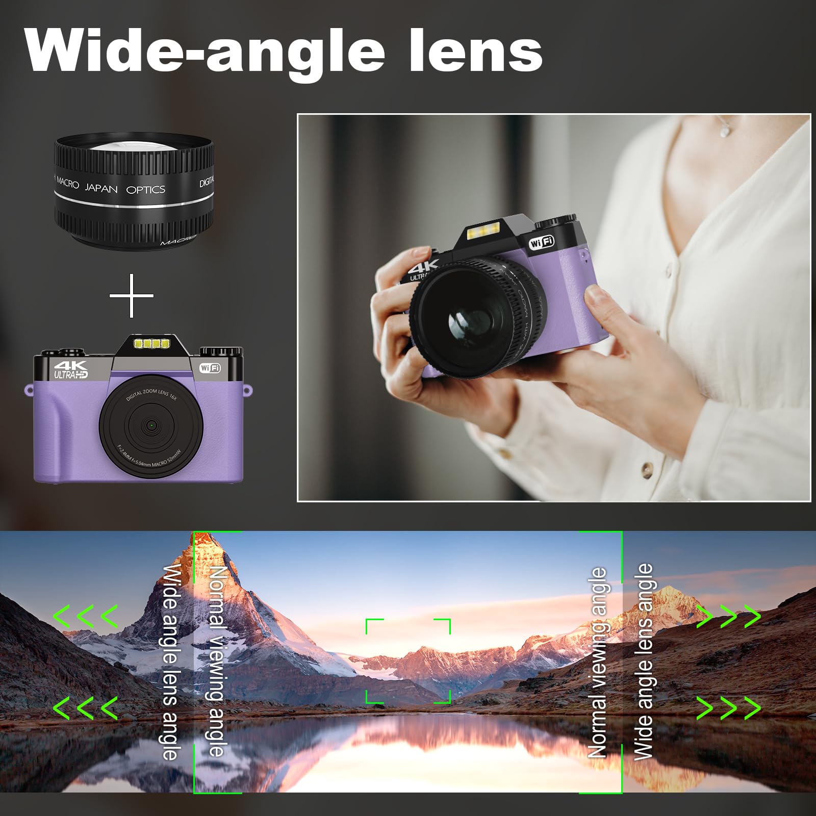 Vlogging Camera for YouTube Digital Camera for Photography 4K 48MP 16X Digital Zoom 3 inch 180° Flip Screen 52mm Wide-Angle Lens & Macro Lens, 32G Micro Card and 2 Batteries 4