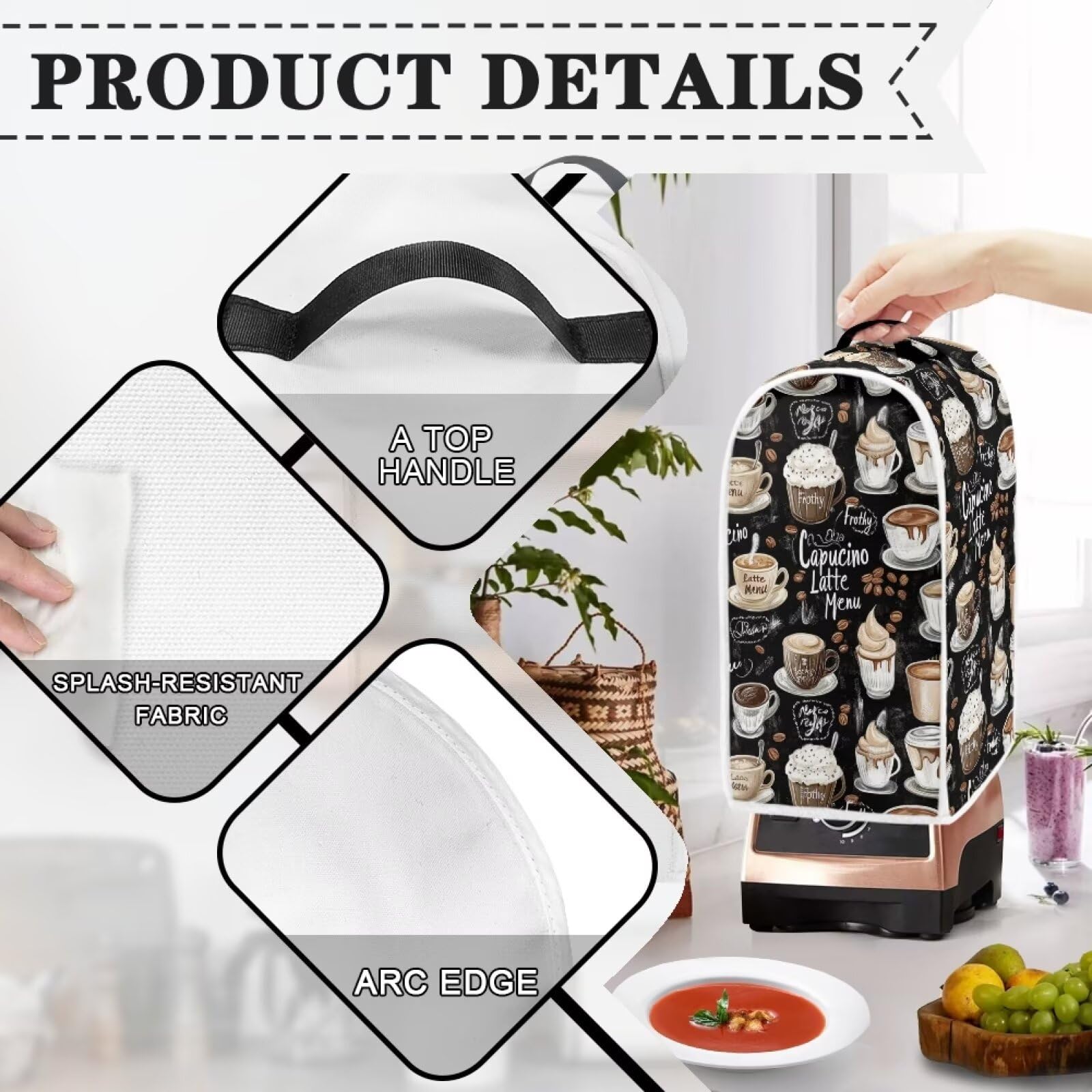 doginthehole Blender Cover with Top Handle Black Coffee Theme Dustproof Coffee & Juicer Maker Food Processor Protector Cover Small Kitchen Appliance Dust Cover for Kitchen Decor 5